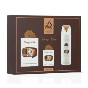 Lattafa Pride Vintage Radio Geschenkset 3-teilig – Eau de Parfum Set 100 ml + 20 ml + Deospray 200 ml – Unisex Duft
